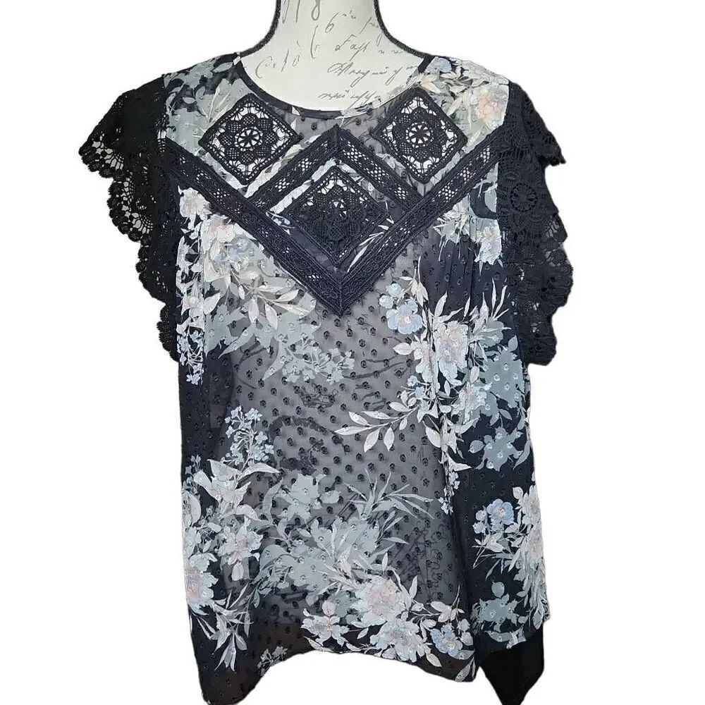 Daniel Rainn Ladies Size Large Black Floral Lace Swiss Dot Sheer Blouse w/ Tank